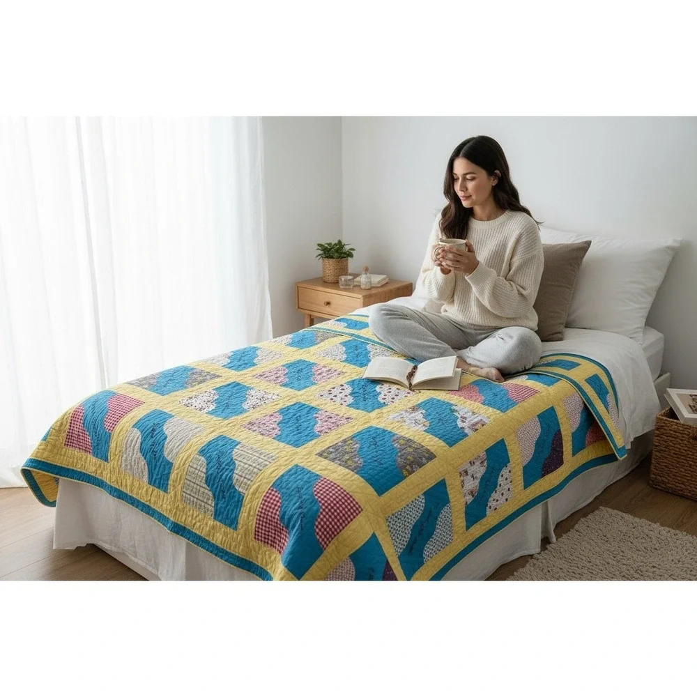 Vintage 1965‎ Handmade Friendship Quilt Embroidered Signed Patchwork Blue Yellow